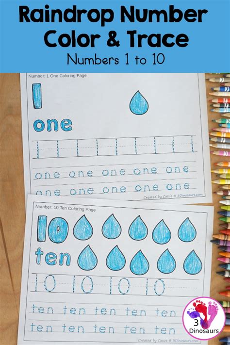 Free Rain Number Color And Trace Numbers 0 To 10 3 Dinosaurs