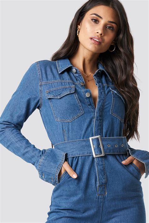 Belted Denim Jumpsuit Blue Na