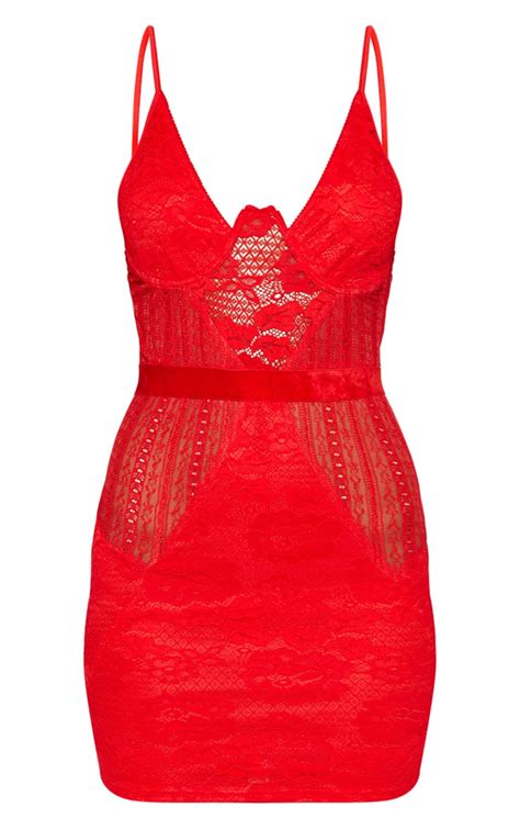 red strappy buster lace bodycon dress prettylittlething