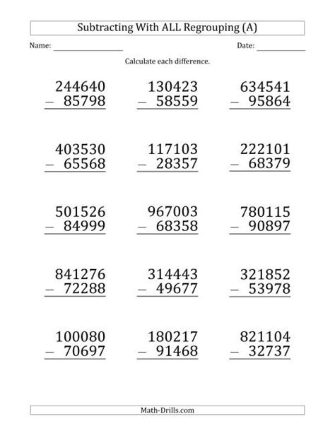 Subtraction 5 Digit Numbers Worksheets