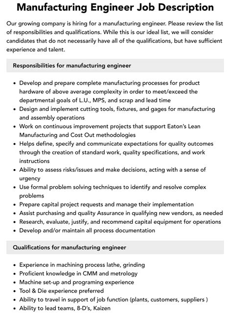 Manufacturing Engineer Job Description Velvet Jobs