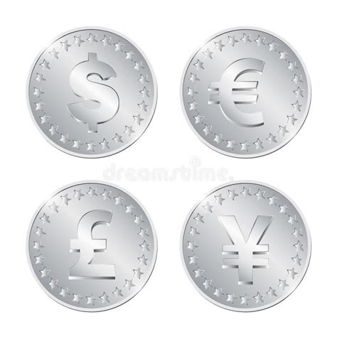 Illustration Of Four Silver Coins With Dollar Euro Poun Stock