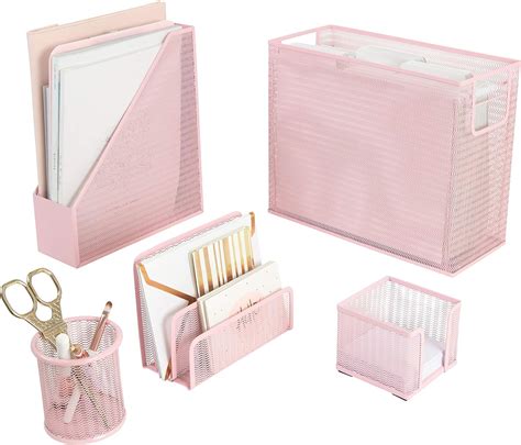 Blu Monaco 5 Piece Pink Office Supplies Desk Organizer Set With