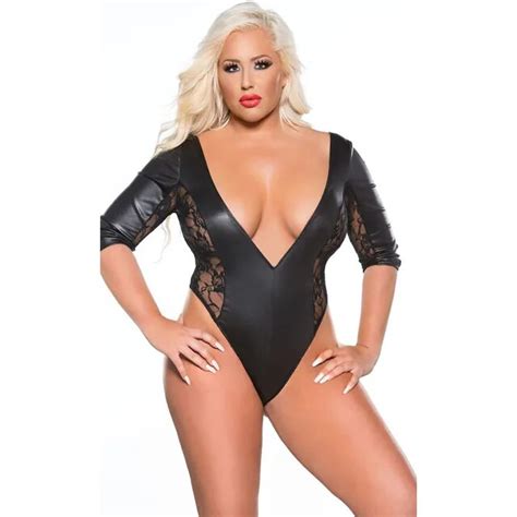 Sexy Plus Size Deep V Neck Lace And Vinyl Teddy Lingerie For Women Black Wet Look Leather