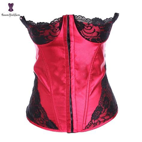 Red Women Sexy Lingerie Erotic Costumes Satin Overlay Lace Corset