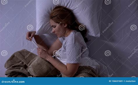 Sad Woman Crying Reading Old Messages On Smartphone Lying In Bed Memories Stock Image Image