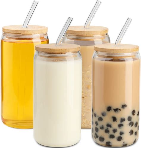 Buy Drinking Glass With Bamboo Lids And Glass Straws 4 Packs 16 Oz Can Shaped Glass Cups