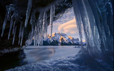 Cave Ice Mountain Winter Sunrise Snowy Peak Lake Banff National Park