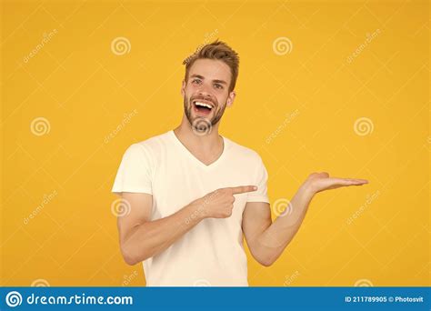 Man Cheerful Face Show Something Copy Space Promoting Product For Men