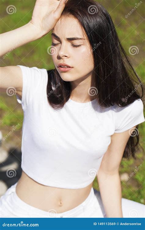 Beautiful Brunette Woman Posing Against Summer Park Bright Sunny Weather Stock Image Image Of