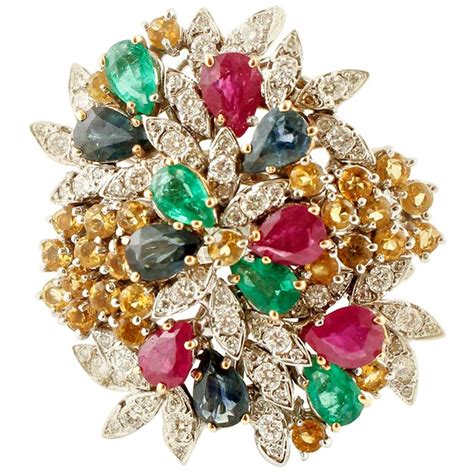 Emerald Sapphire Ruby Diamond Gold Bombe Flower Ring For Sale At