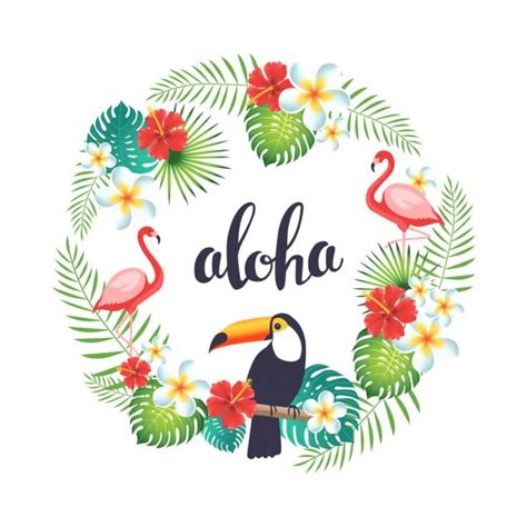 aloha hawaii hand lettering with exotic flowers vector illustration — stock vector © vik y