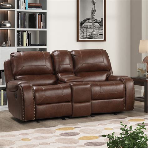 Achern Brown Leather Nailhead Air Reclining Loveseat With Storage Cons