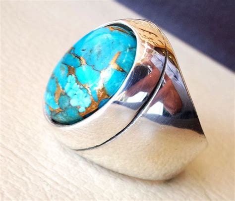 Copper Turquoise Natural Stone Men Heavy Sterling Silver 925 Mens