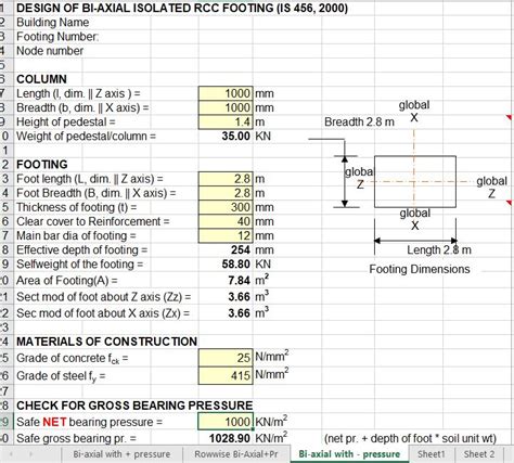 Design Of Biaxial Isolated Rcc Footing Excel Sheet Engineering Books