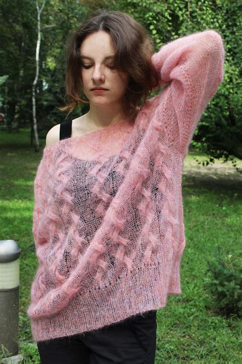 Fluffy Pink Mohair Sweater Loose Knit Sheer Jumper Oversize Etsy Mohair Sweater Plus Size