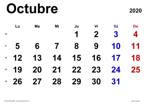 Calendario Octubre 2020 En Word Excel Y Pdf Calendarpedia