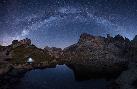 Nature Night Stars Milky Way Landscape Mountain Rock House Tents Lake Reflection