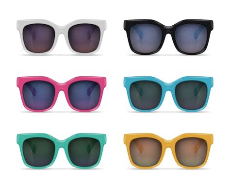 Set Of Isolated Sunglasses Realistic Images On Blank Background With Reflections And Colourful