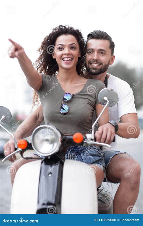 Young Beautiful Couple Riding On Motorbike City Street Stock Photo