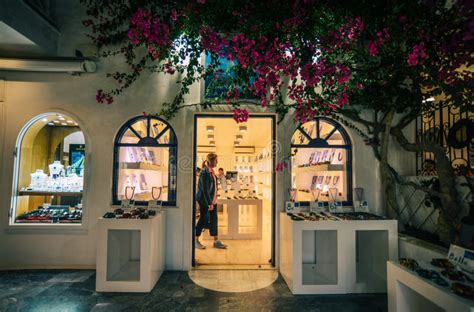 Souvenir Shop At Night In Santorini Island Editorial Image Image Of