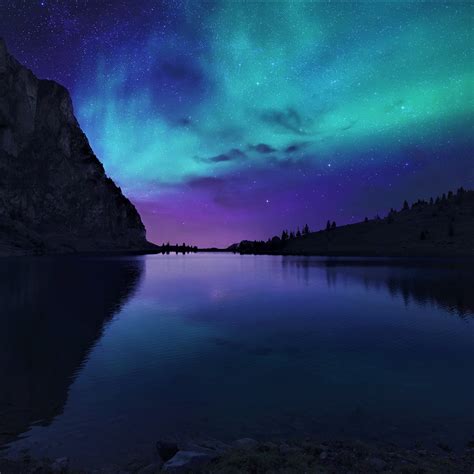 2932x2932 Aurora Borealis Northern Lights Over Mountain Lake Ipad Pro