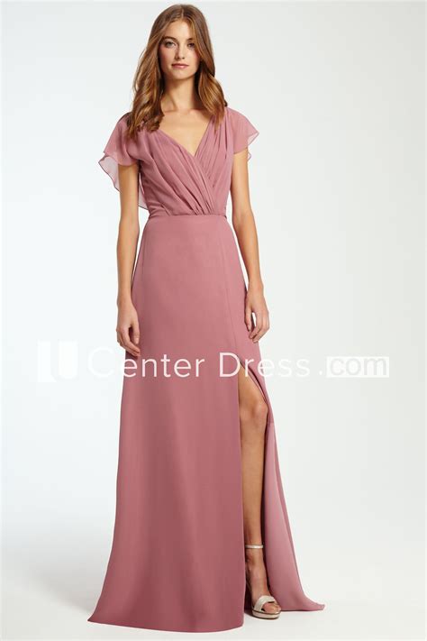 V Neck Ruched Sleeveless Chiffon Bridesmaid Dress With Split Front