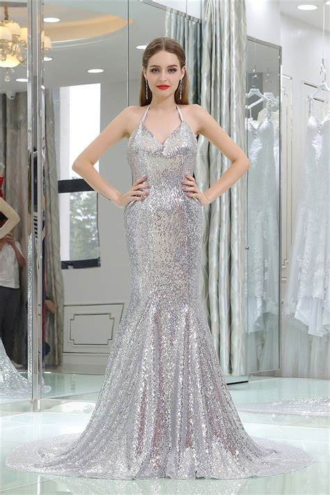 Glitzy Mermaid Sweetheart Low Back Silver Sequin Evening Prom Dress