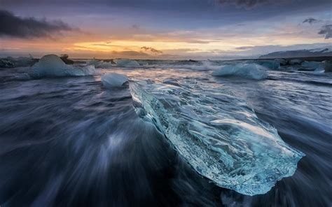 Download Wallpapers Ice Floes Morning Sunrise Waves Coast Iceland