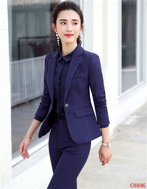 Ladies Navy Blue Professional Business Suits With Jackets And Pants