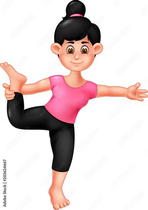 Cute Girl Cartoon Standing On One Leg With Smile And Waving Stock
