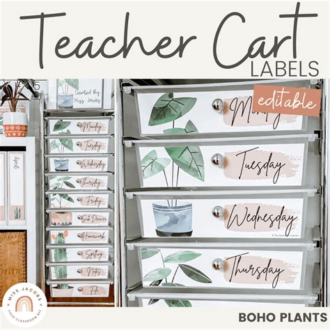 10 Drawer Cart Labels Rustic Boho Plants Teacher Trolley Labels