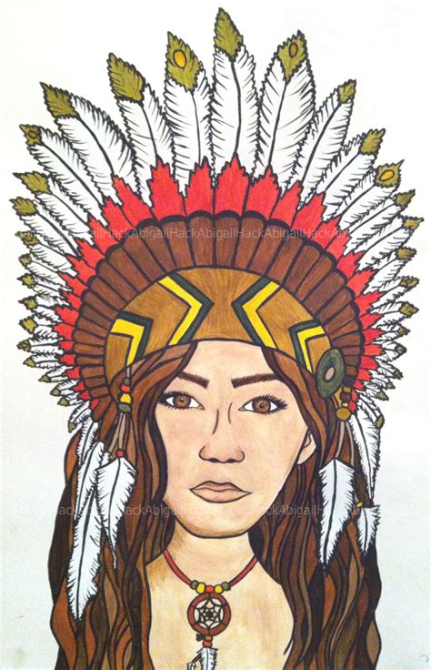 Native American Headdress Girl Painted Using Watercolour On Thick