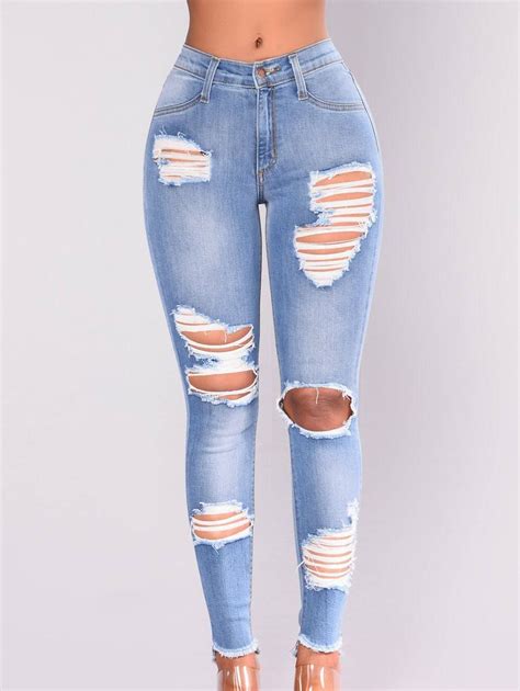 Off Womens Distressed Ripped Stretch Denim Skinny Denim Jeans In Light Blue Dresslily