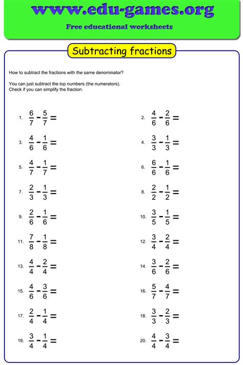 Subtracting Fractions Numbers Worksheets