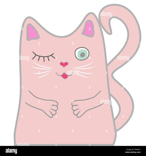 Little Cute Cartoon Kitten Funny Pink Cat Cute Girl Concept Stock