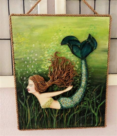 Mermaid Art Green Acrylic Painting Mixed Media Mermaid Wall