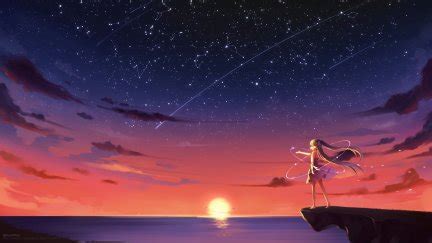 Long Hair Fantasy Girl Standing Barefoot Anime Anime Girls Sunset Sea Cliff Stars Sky
