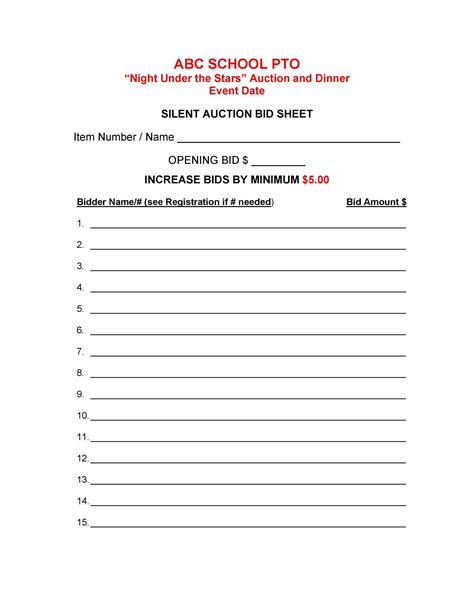 Printable Silent Auction Bid Sheets Customize And Print