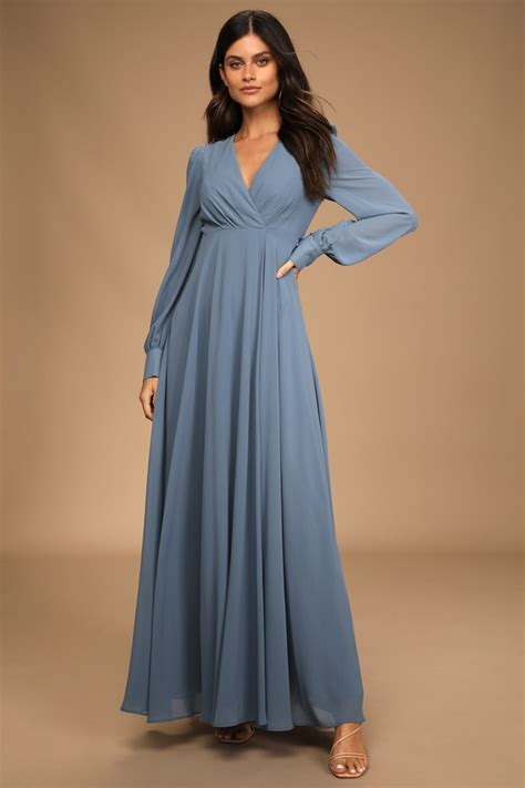 Slate Blue Dress Long Sleeve Maxi Dress Surplice Maxi Dress Lulus