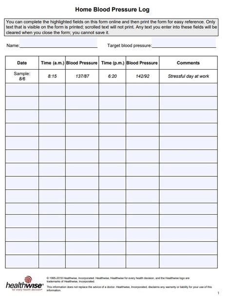 Blood Pressure Log Templates 10 Free Printable Word Excel And Pdf