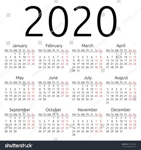 Simple 2020 Year Calendar Stock Illustration 291407900 Shutterstock