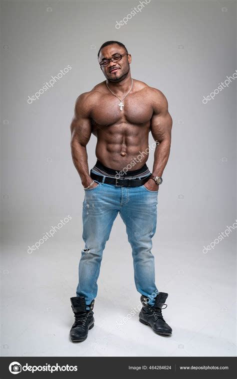 African American Bodybuilder Man Naked Muscular Torso Wearing Jeans