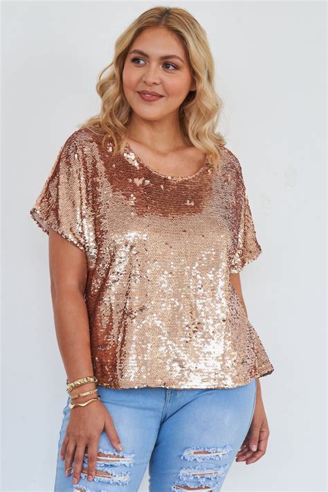 Plus Size Rose Gold Short Sleeve Sequin Top Sequin Top Gold Sequin Shorts Rose Gold Sequin Top