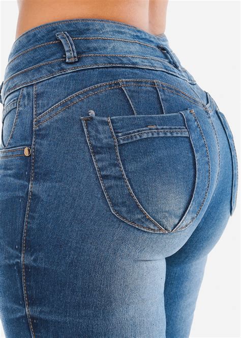 Moda Xpress Womens Skinny Jeans Mid Rise Butt Lifting Levanta Cola Med Wash Denim Jeans 10428d