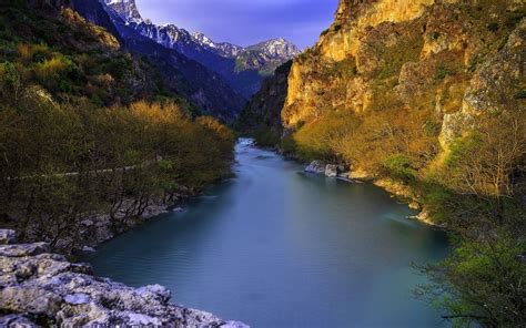 Nature Landscape River Mountains Trees Shrubs Blue Water