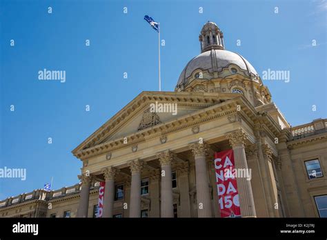 Alberta Legislature Building With Columns And Canada 150 Banner