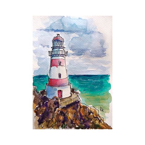 Lighthouse Painting Original Watercolor Seascape Artwork Etsy