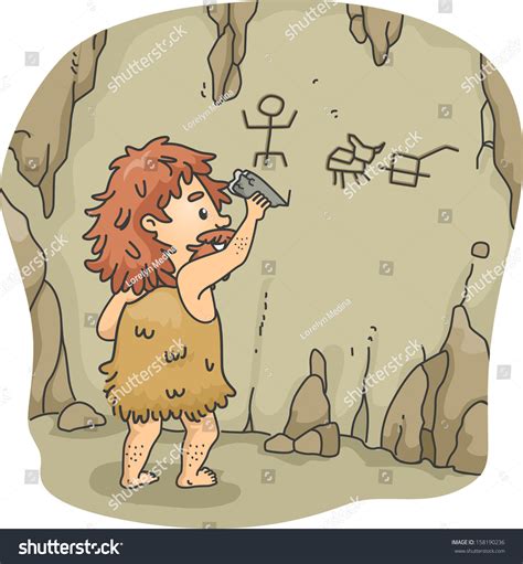 Illustration Of A Caveman Etching Figures On The Walls Of A Cave Using