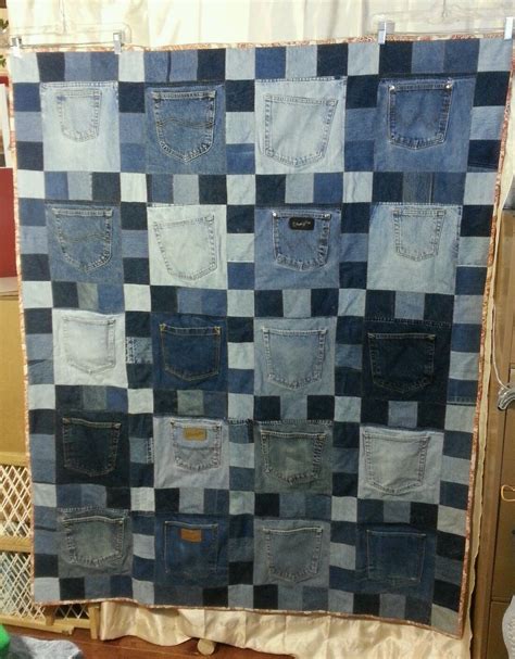 Handmade Upcycled Blue Jean Denim Throwlappicnic Quilt With Back